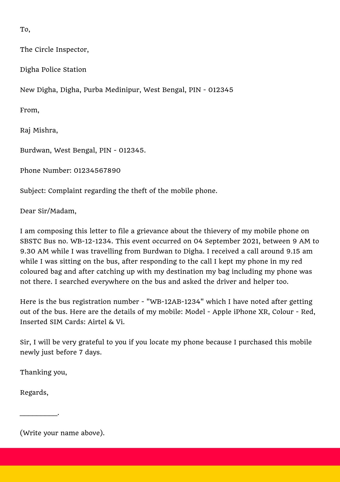 Complaint Letter to Police Station About Theft of Mobile Phone, Theft ...
