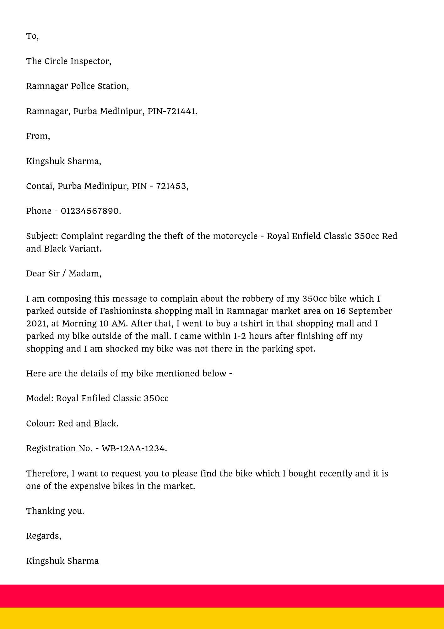 Complaint Letter to Police Station About Theft of Mobile Phone, Theft ...